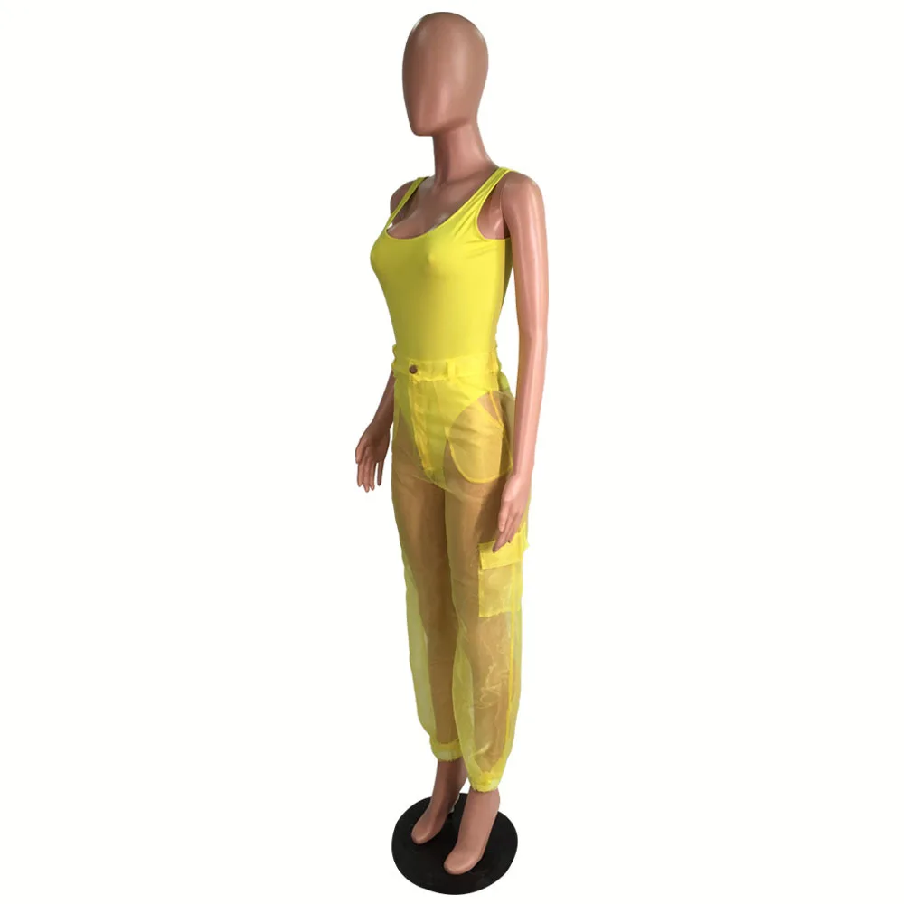 Sexy Bodysuit Top With Organza Pants Two Piece Set Casual Sleeveless Bodycon Jumpsuit Evening Club Party 2 Piece Overalls Sets