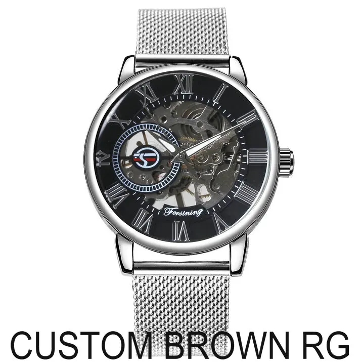 CUSTOM BROWN RG FORSINING, синие мужские часы, Топ бренд, роскошные механические часы со скелетом, мужские Ультра тонкие сетчатые часы с ремешком, модные повседневные наручные часы - Цвет: CUSTOM BROWN RG