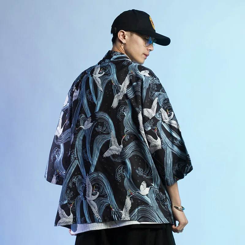 Мужское кимоно с принтом журавль тонкая Повседневная Уличная куртка в японском