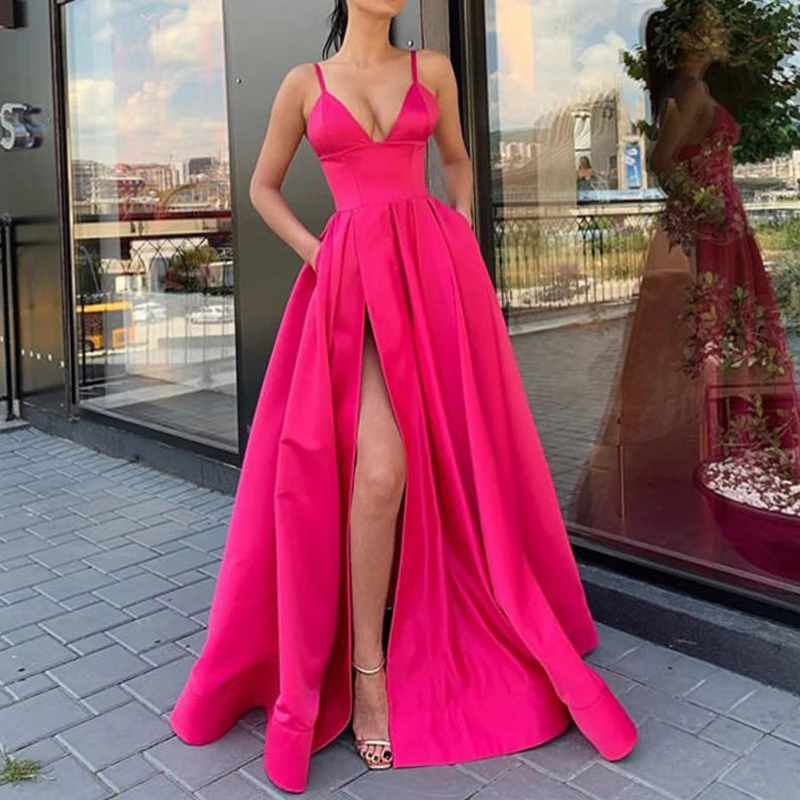 

Rosy мусульманское вечернее платье 2020 с высоким разрезом, атласное, на тонких бретельках, милое ТРАПЕЦИЕВИДНОЕ длинное платье для выпускного ...