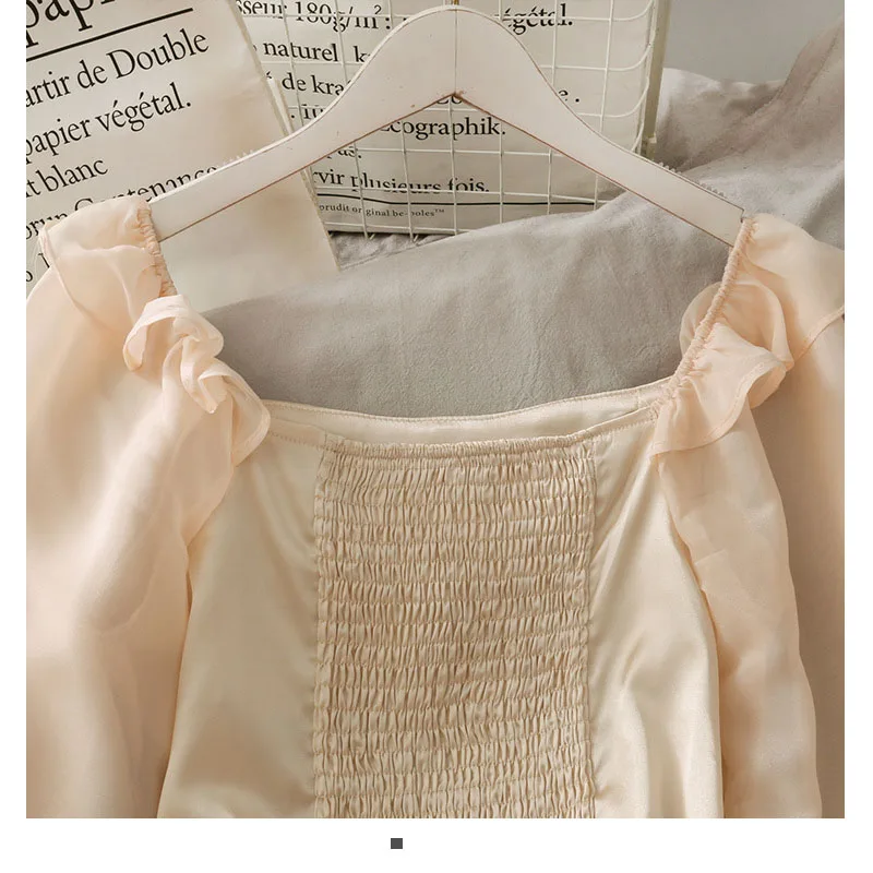 

Chic Ruffles Cropped Women Blouses Slash Neck Solid Fashion Short Shirts Puff Sleeve Office Ladies Tops