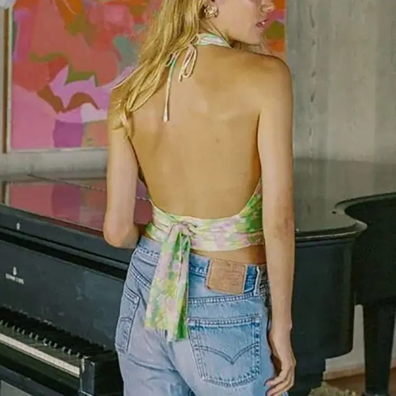 

Women Summer Sleeveless Halter Crop Top Sexy Plunge Deep V-Neck Backless Camisole Boho Floral Print Tie Waist Beach Vest