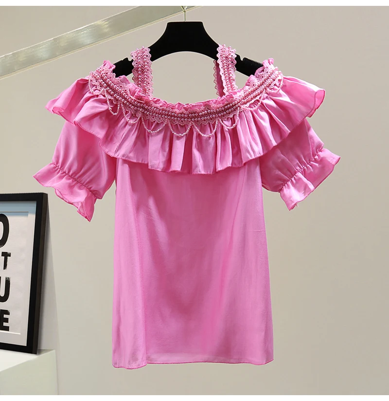

2021 Summer Beads Lace Doll Women Shirt Korean Style Short Sleeve Ruffled Ladies Top Off-the-Shoulder Solid Color Chiffon Blusas