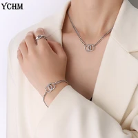 ychm jewelry sets for women stainless steel cuban chain necklace bracelet set chunky nk chain hip hop choker cool silver jewelry