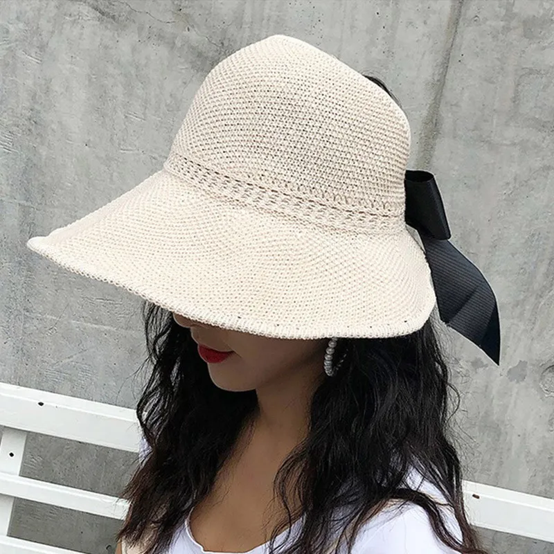

Spring Summer Visors bow Cap Foldable Wide Large Brim Sun Hat Beach Hats for Women Straw Hat Wholesale Chapeau