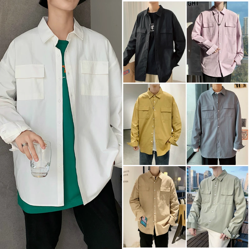 

Solid Men Shirt Casual Vintage Long Sleeve Shirts Plus Size Shirts M-5xl Harajuku Vintage Blouse Hip Hop Streetwear Loose Tops