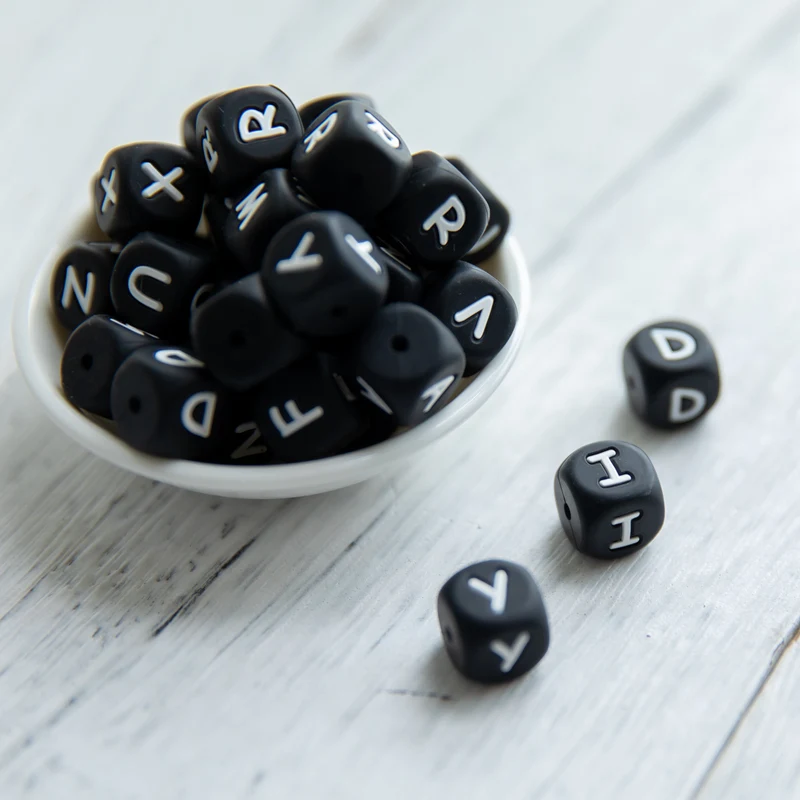 

New 10pc Black Alphabet Letter Silicone Beads in 26 letters BPA Free Silicone Chewing Beads for Teething Necklace baby teether