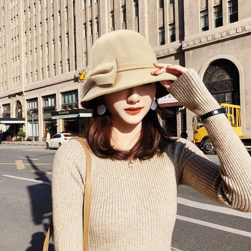

Big Bow-knot Woolen Ladies Hats Solid Color Women Fedora Hat Winter Fall Pork Pie Boater Flat Top Hat Khaki Black Cap