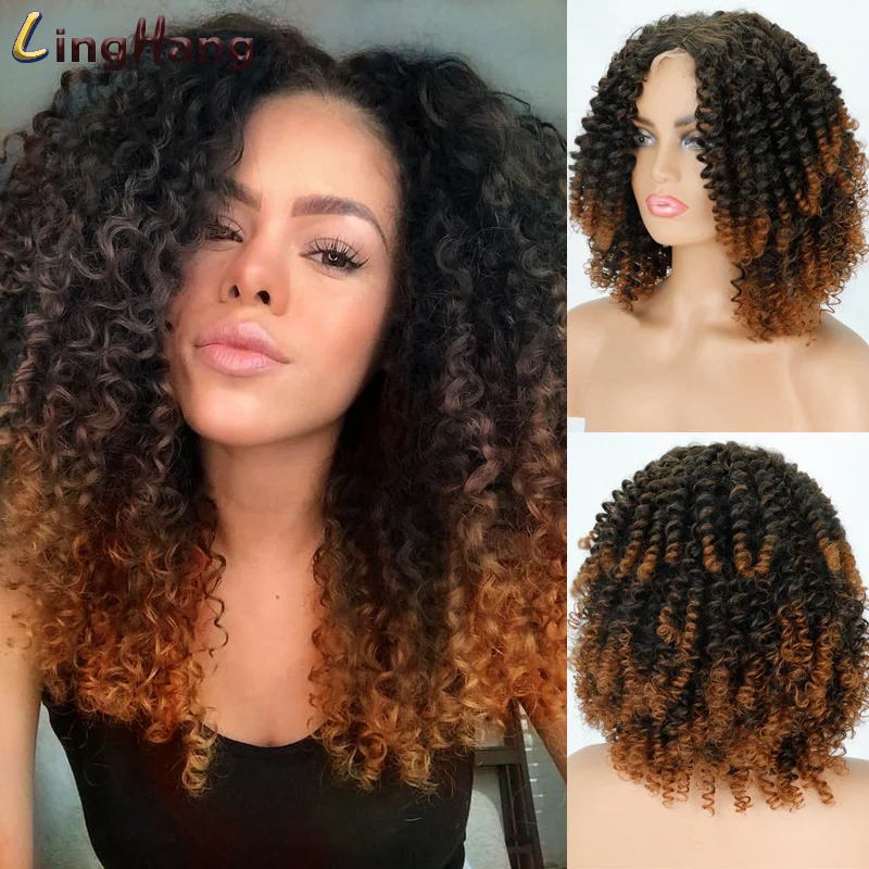 

LINGHANG 14inches Afro Kinky Curly Wig Synthetic Short Wig Mixed Blonde Lace Wig for Black Women Daily Wig