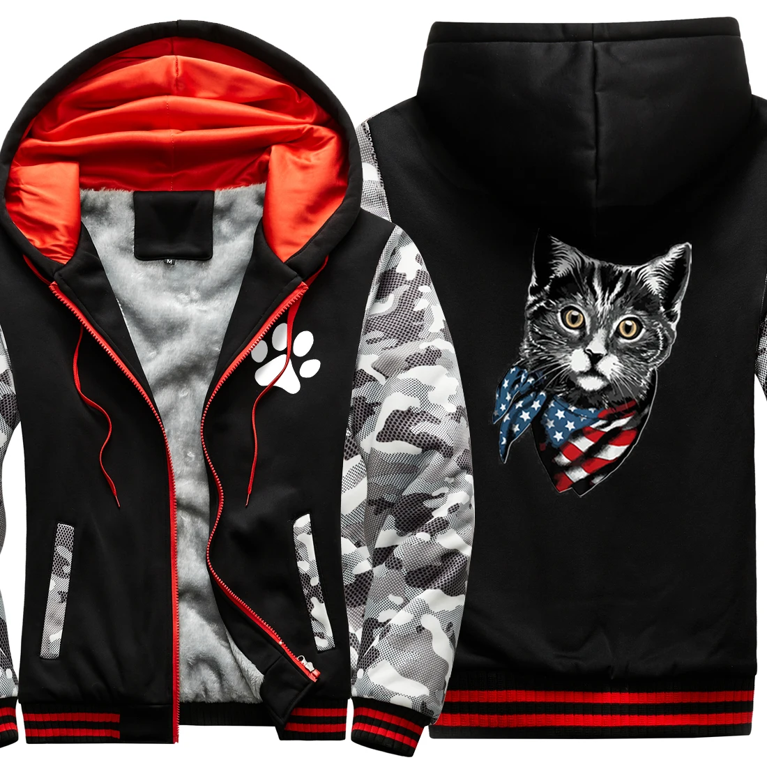 

Повседневные толстовки с капюшоном в виде американского кота, мужские куртки, камуфляжный свитшот на молнии в стиле хип-хоп, Мужская зимняя ...