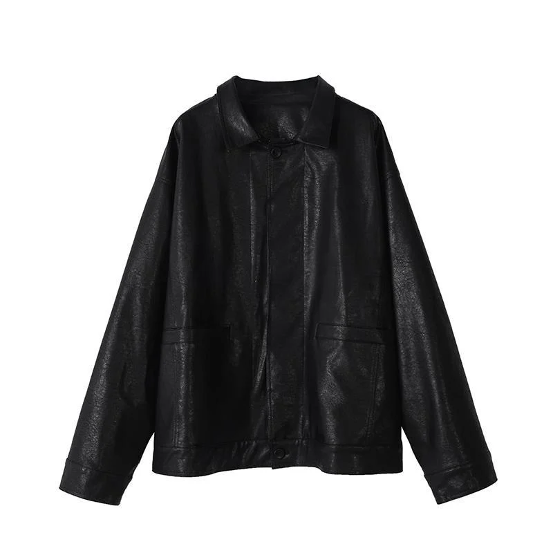 Enlarge Winter Black Leather Jacket Women Korean Thin Loose Moto Jacket Female 2021 Spring Fashion Streetwear Lady Outerwear Biker Coats