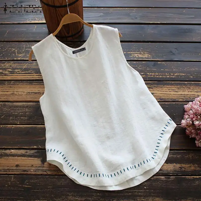

Summer Sleeveless Tanks Tops ZANZEA Women Blouse Vintage O neck Cotton Tops Tunic Casual Loose Solid Blusas Vests