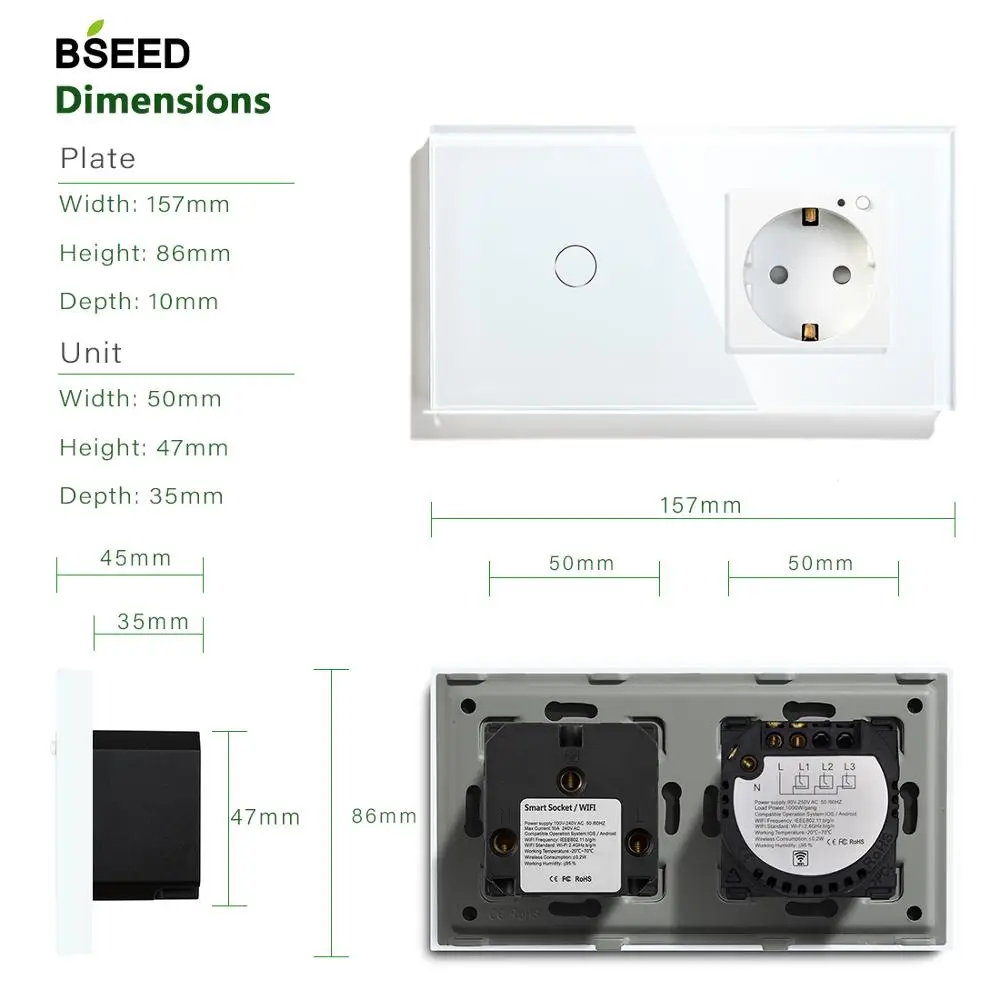 BSEED 16A Wi-Fi сенсорный выключатель 1 комплект ЕС Стандартный ЕС розетка с 3 цвета Кристалл Стекло Панель Умный переключатель