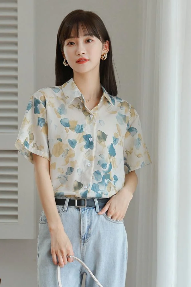 

Polo Shirt Chiffon Loose Plus Size Women's Blouses New Casual Blouse Fashion Short Sleeve Top Flowers Summer Houthion