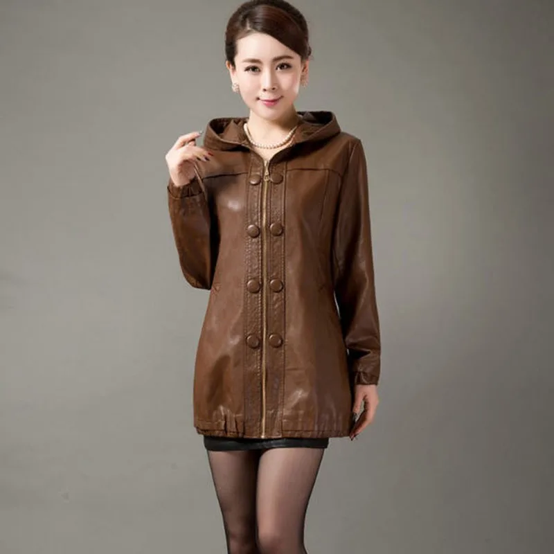 Женское кожаное пальто с капюшоном размеры до 5XL|leather coat women|womens leather clothingleather |