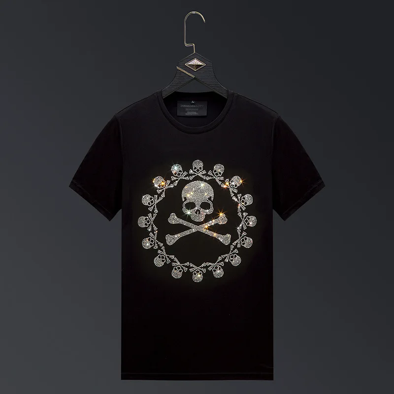 

Футболки мужские, стразы, черепа, с коротким рукавом, с круглым вырезом, размера плюс, 2021