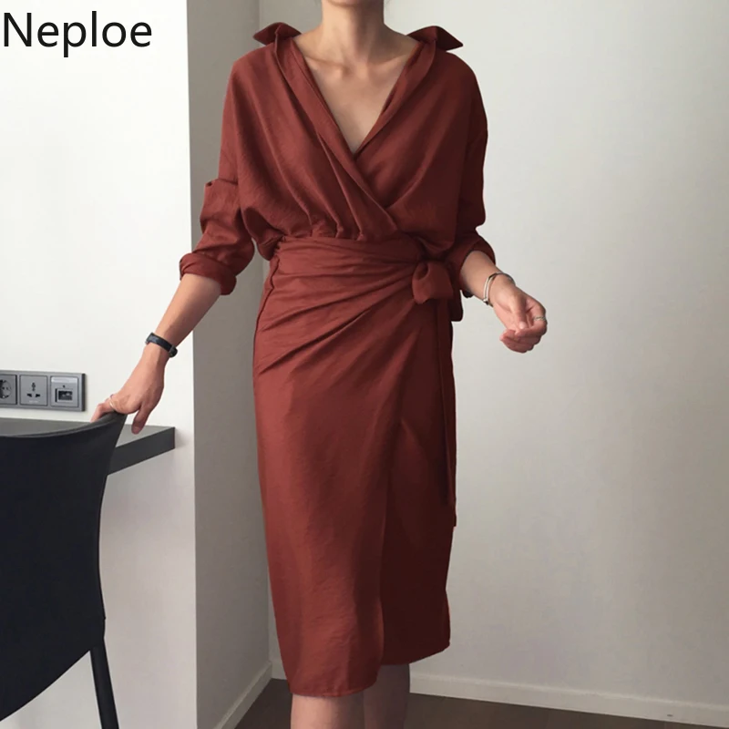 Neploe корейское шикарное v-образный вырез тонкая талия на шнуровке длинное платье