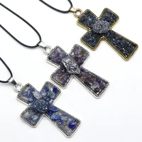 personality trend natural stone gem crystal amethyst aquamarine clear quartz agate cross pendant necklace jewelry gift making