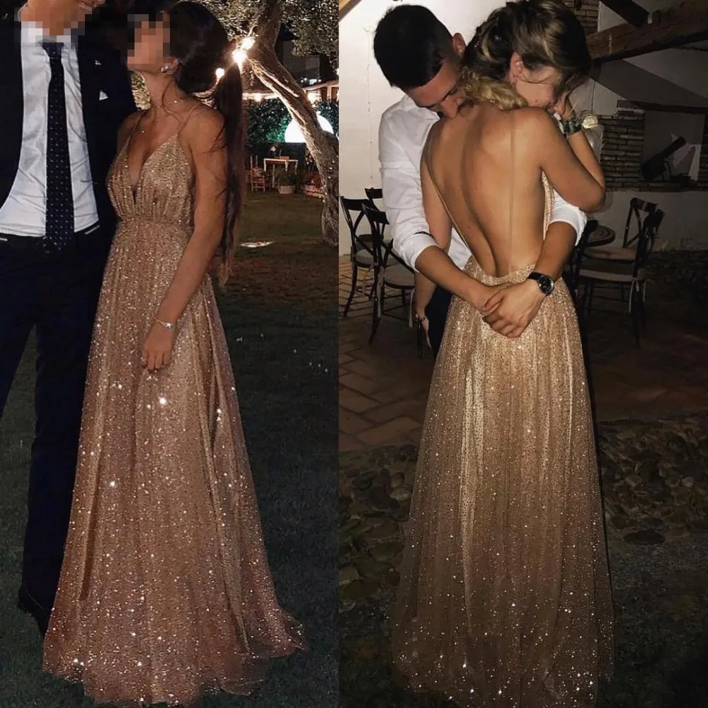 

Vestidos De Gala 2019 Sexy V Neck Sequins Tulle Evening Dresses Long Elegant Open Back A-line Formal Party Dresses Gala Event