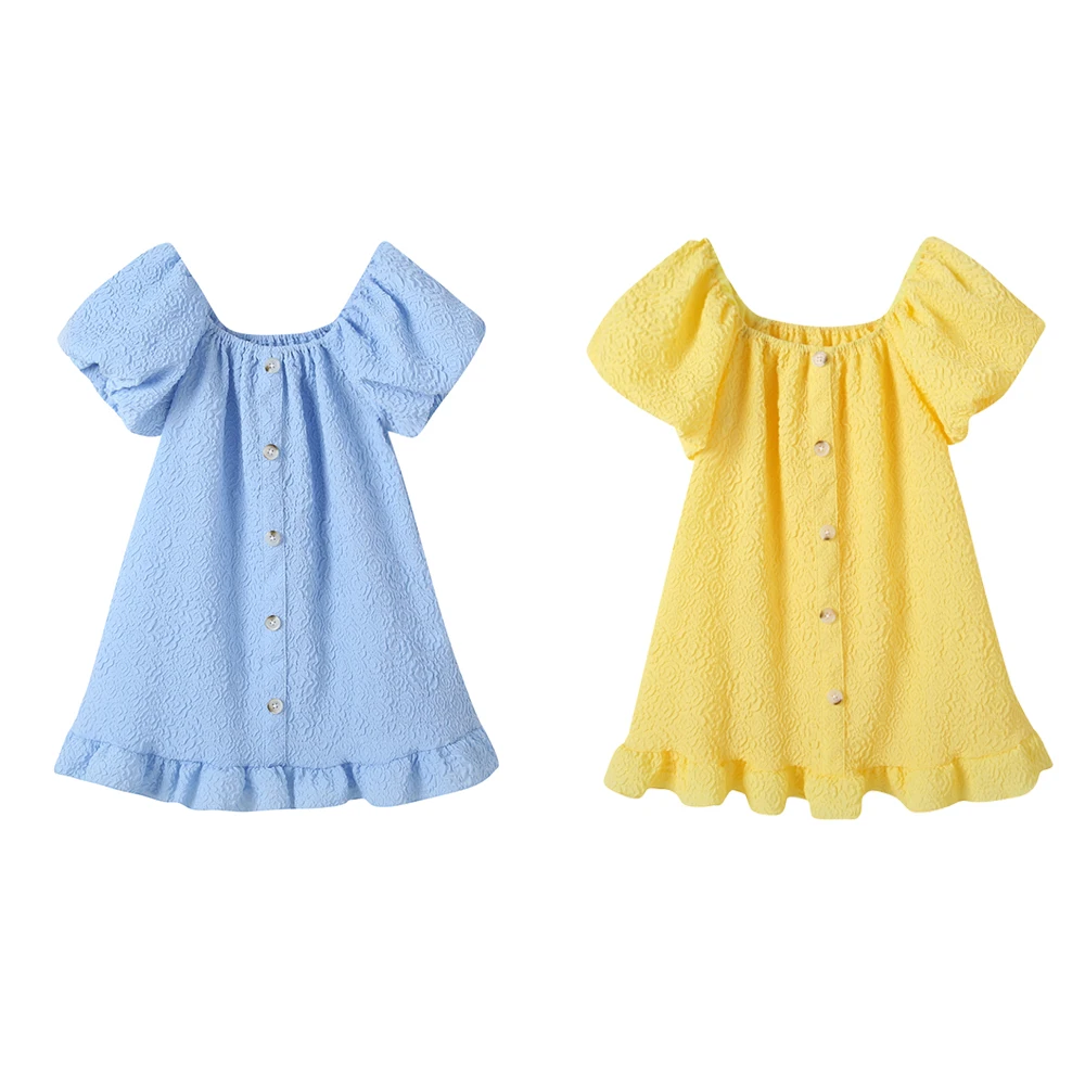 

2021 Summer Kids Clothes Baby Girl Puff Sleeve Skirts Solid Color Ruffle Girl's Dress