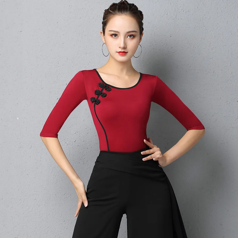 

2020 Latin Dance Clothes Women Adult Dancer Cheongsam Style Tops Modern Dance Practice Clothes Rumba Tango Training Blouse