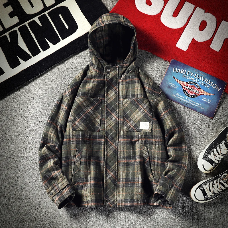 

Spring and autumn new men's fashion retro jacket hooded loose cotton plaid jacket high quality men's plus size jacket for men