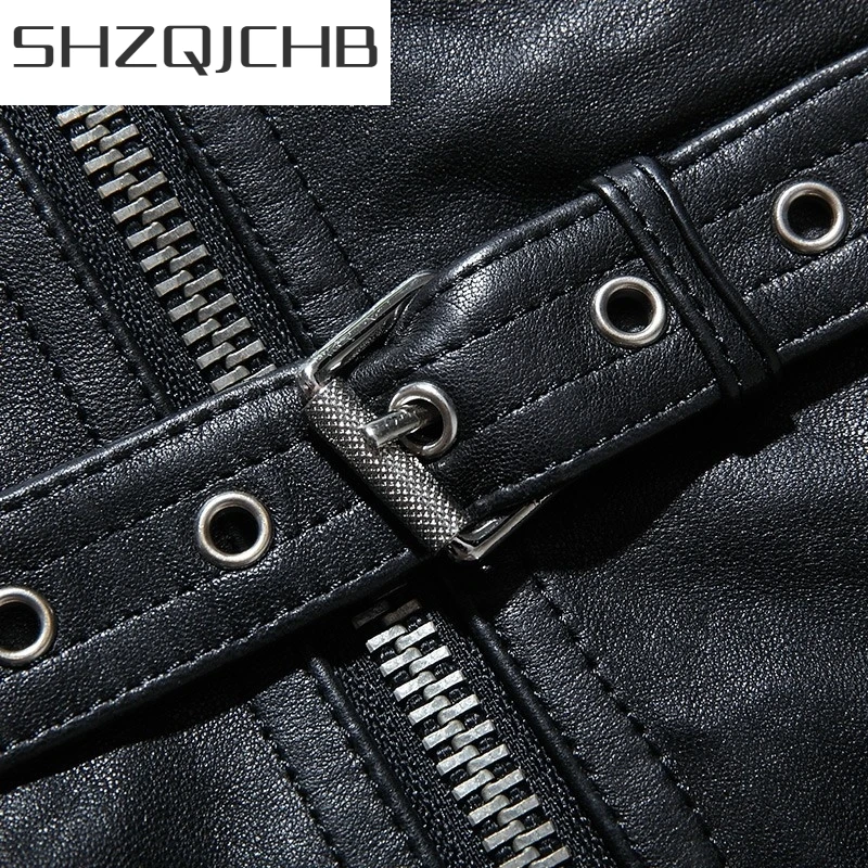 

JCHB 2021 Luxury Men Sheepskin Real Leather Jacket Motorcycle Biker Unisex Short Coat Belted Slim Fit Windproof Genuine Leather