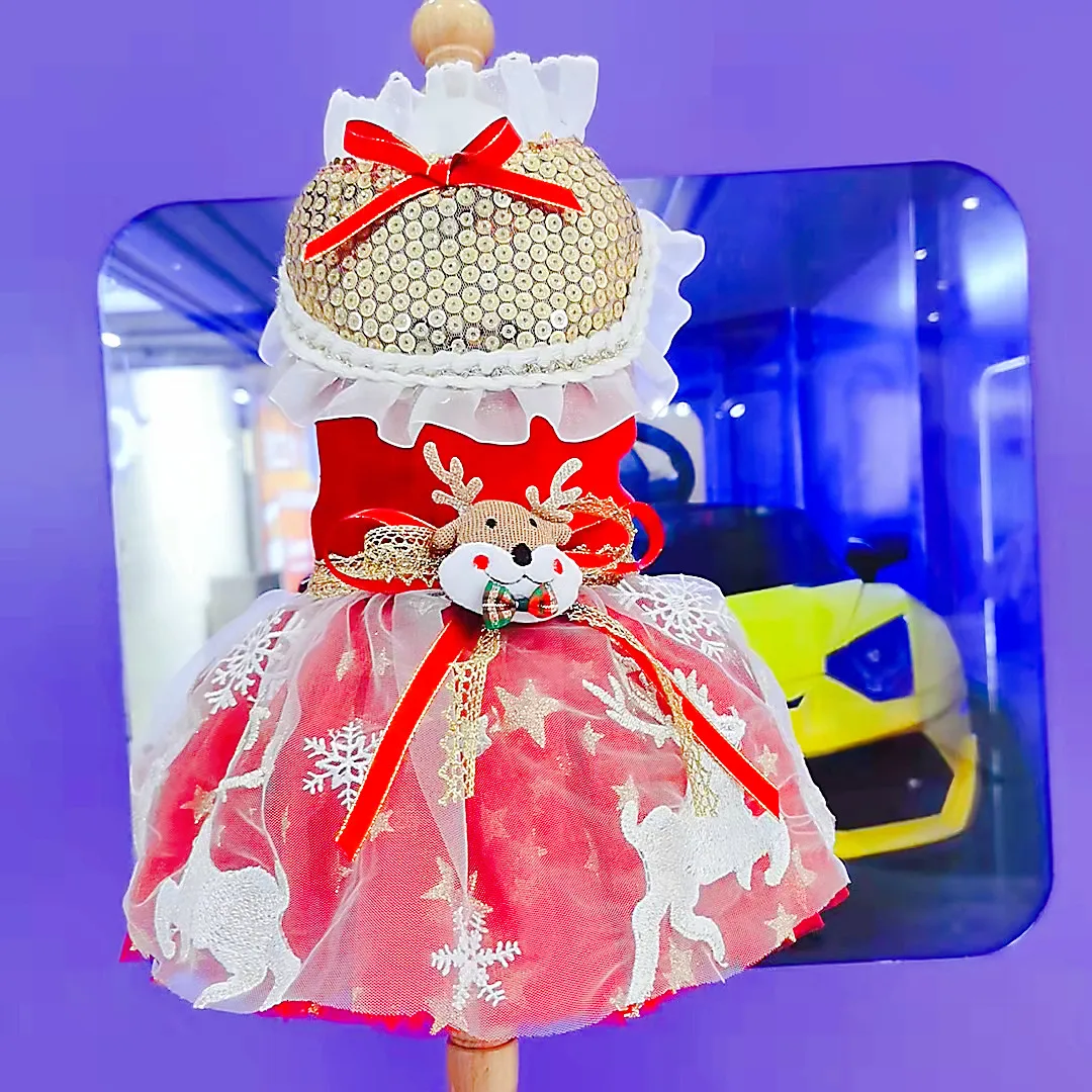 

2021 Puppy Dog Handmade Clothes Christmas Party Dresses Cute Elk Decor Warm Velvet Skirt For Small Medium Dog Poodle Coat Outfit