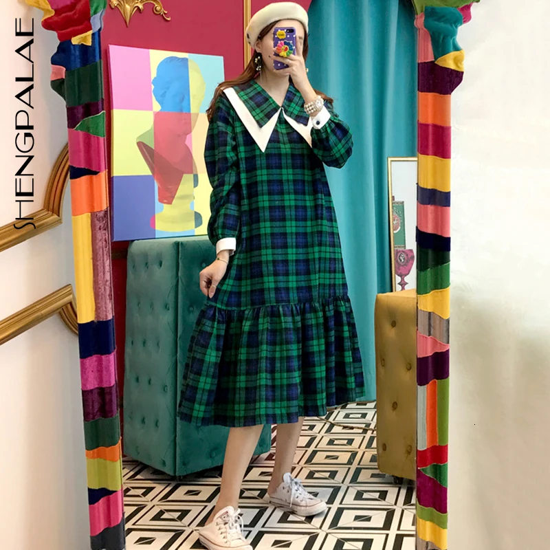 SHENGPALAE 2020 Новое весеннее клетчатое платье с отложным воротником и длинным рукавом