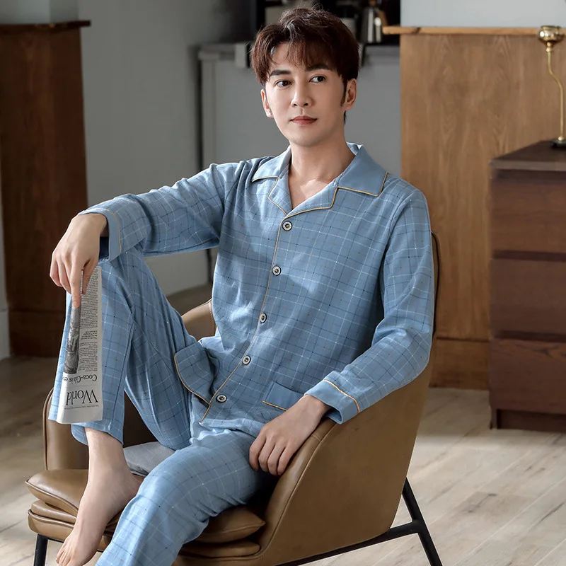 

Spring Autumn Long-Sleeved Trousers Pajamas Men'S Cotton Home Service Loose Plus Size 4XL Winter Two-Piece Suit Nightwear Pijama