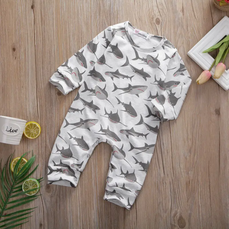 Хлопковый комбинезон с длинным рукавом принтом акулы | Мать и ребенок