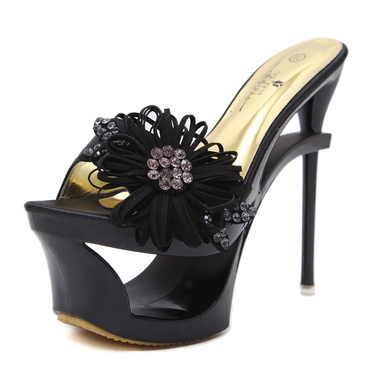 

New style women's sandals 15cm Satin inlaid heel diamond floral waterproof special shaped super high heel