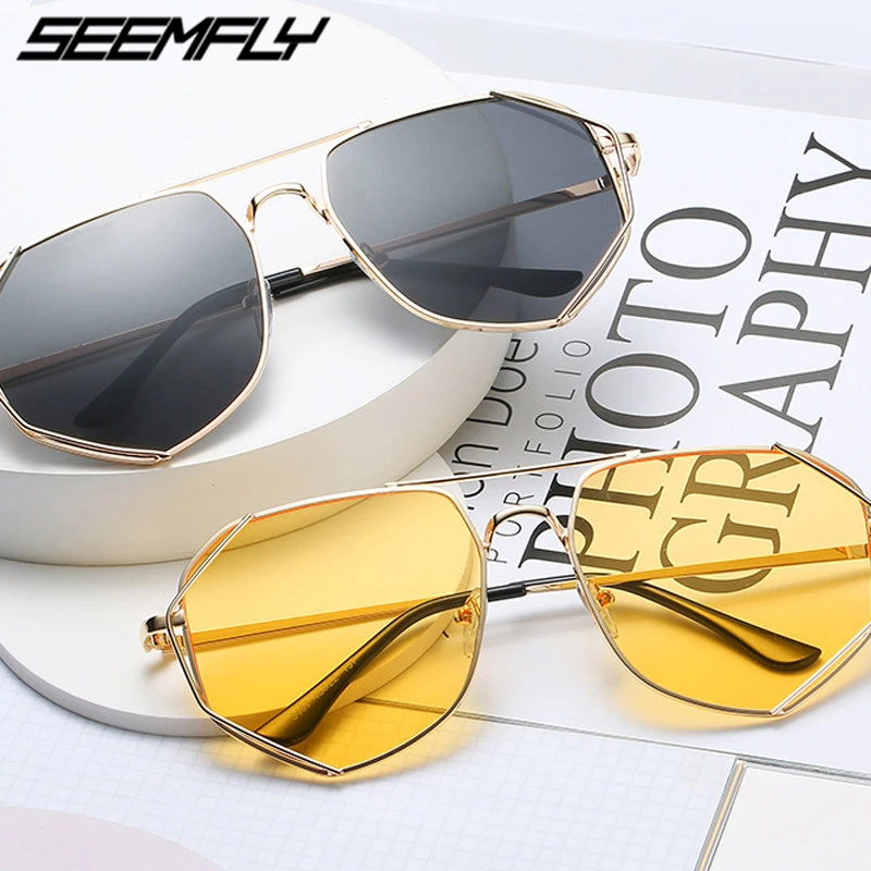 

Очки солнцезащитные Seemfly в металлической оправе для мужчин и женщин, Модные Винтажные Роскошные зеркальные солнечные очки с плоским верхом,...