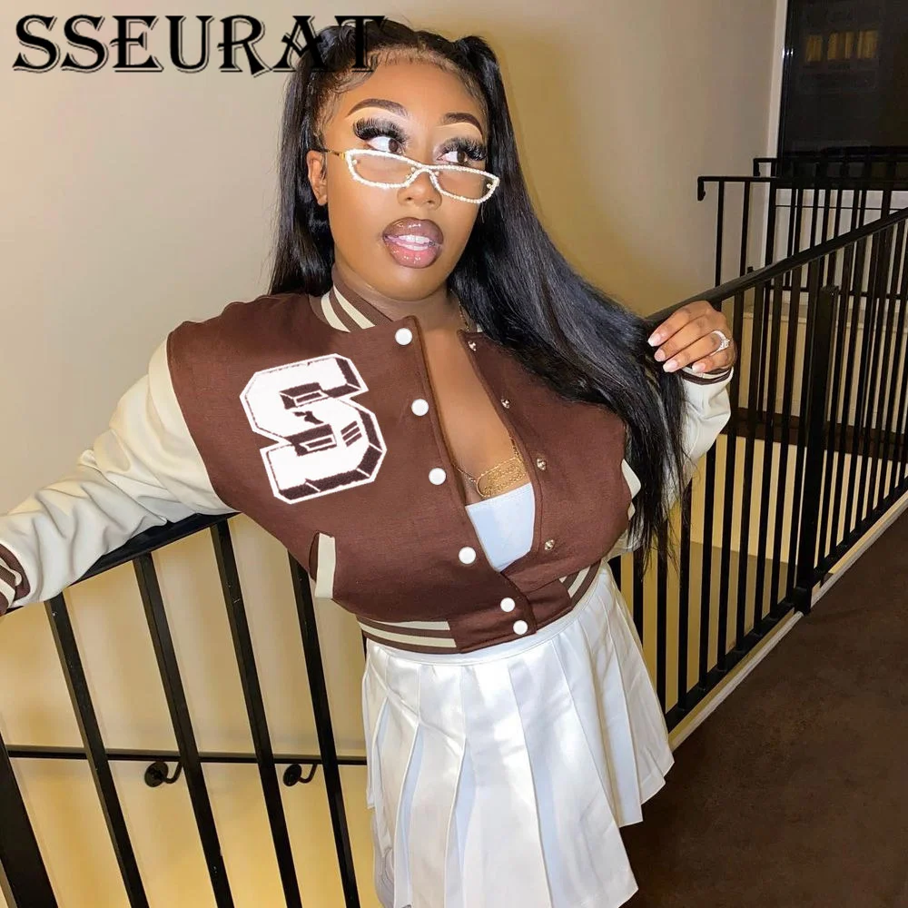 

SSEURAT Letter Printing Color Patchwork Baseball Uniform Short Jacket Women 2021 Trend Loose Retro Short Bomber Jacket
