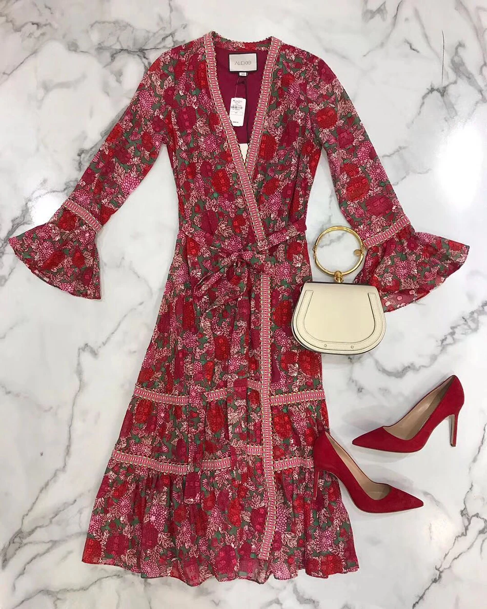 

Fashion Printed Floral Holiday Dress Women Horn Long Sleeve Belt Casual Party Midi Long Dress Female Clothing 2020 Autumn New