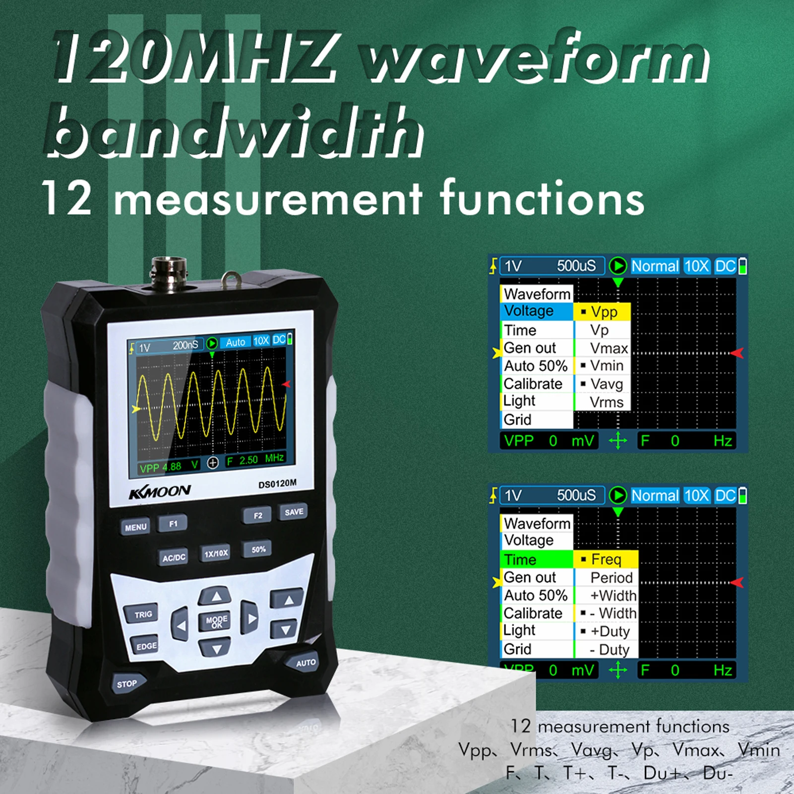 

KKmoon DS0120M 320x240 2.4 Inch TFT Color Screen Digital Oscilloscope 120MHz Bandwidth 500MSa/s Sampling Rate Professional Tool