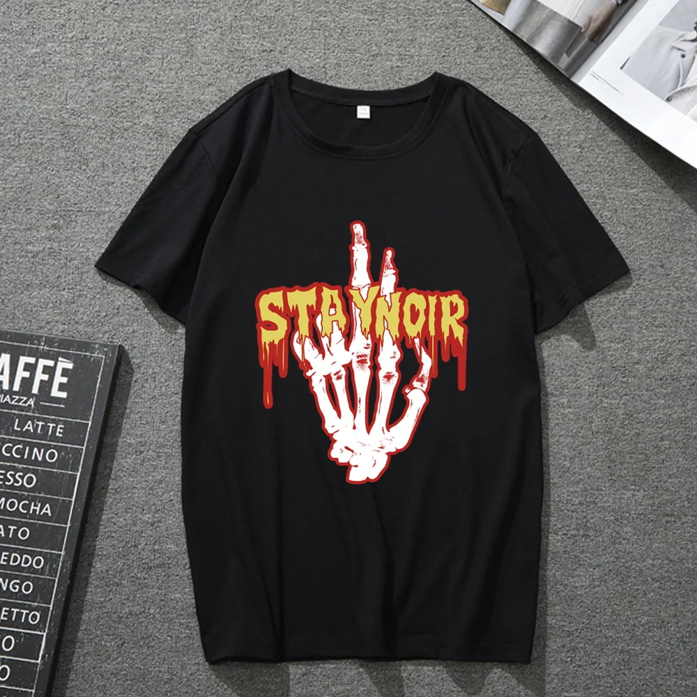 

Fashion black t-shirt short sleeve casual commuter style handprint series high quality men's polyester soft t