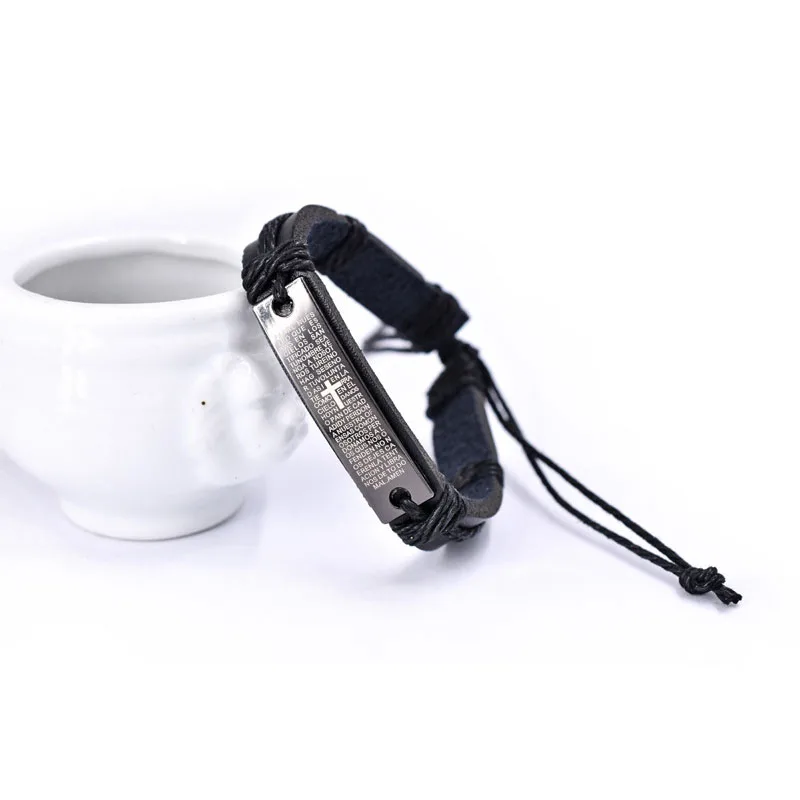 

Woven Leather Bracelet Metal Religious Men's Leather Bracelet Multilayer Black Braided Hand Rope Accessories