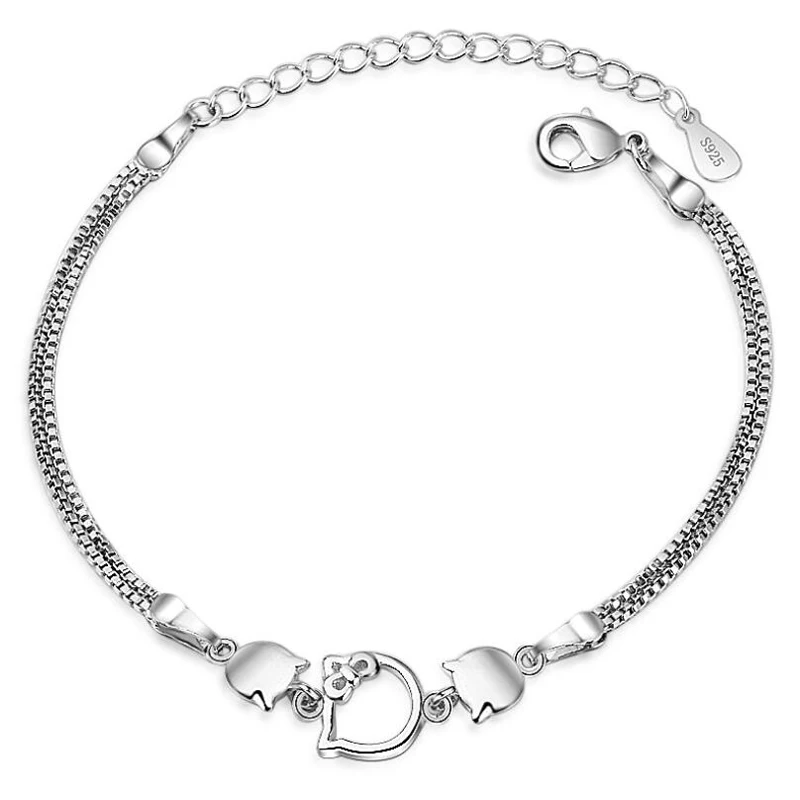 

KOFSAC New 925 Sterling Silver Jewelry Bracelets for Women Fashion Double Chain Cute Small Cat Bangle Lady Valentine's Day Gifts