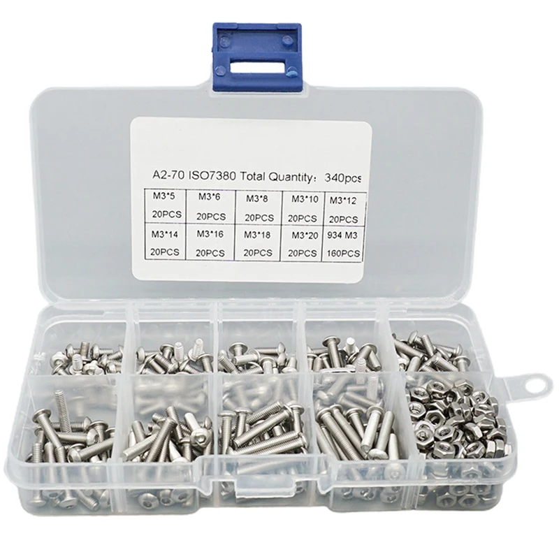 

3D Printer Parts M3 Screw Nut Set Stainless Steel Hexagon Socket Screw with Nut 340 Pieces