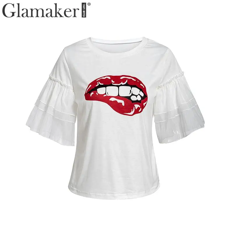 Glamaker, принт с губами, мультяшная Сексуальная футболка, женская белая, сетчатая, с рюшами, расклешенная, короткий рукав, Повседневная футболка, женская, летняя, облегающая, топ, тройники - Цвет: White