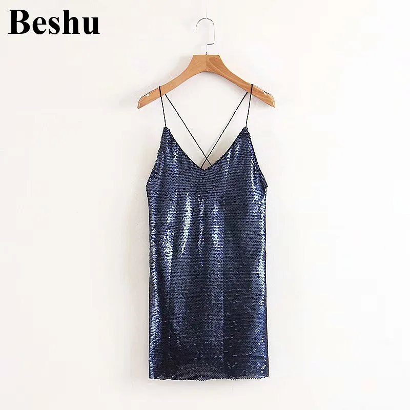 Женское мини платье на бретельках za 2020 сексуальное синее прямое с блестками