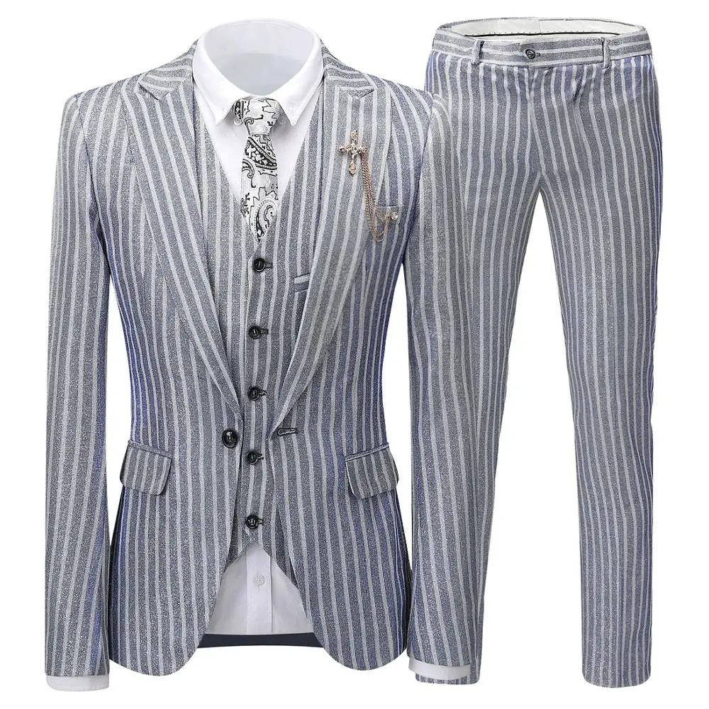 Mens Suits 3 Piece Pinstripe Casual Peaked Lapel V Neck Tuxedos for Wedding Groomsmen Suits Men 2019(Blazer+Vest+Pants)