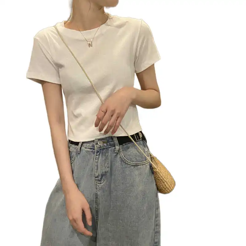 

2021 New Summer Cotton Brushed Short Top with High-Waisted Trousers All-Matching Slim Fit Navel White Short Sleeve T-shirt