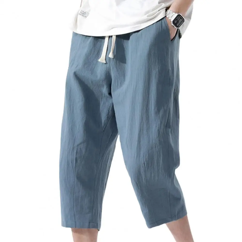 

Summer Solid Color Elastic Waist Loose Drawstring Sweatpants Wide Leg Thin Men Casual Capri Bloomers Pants Мужчынскія штаны