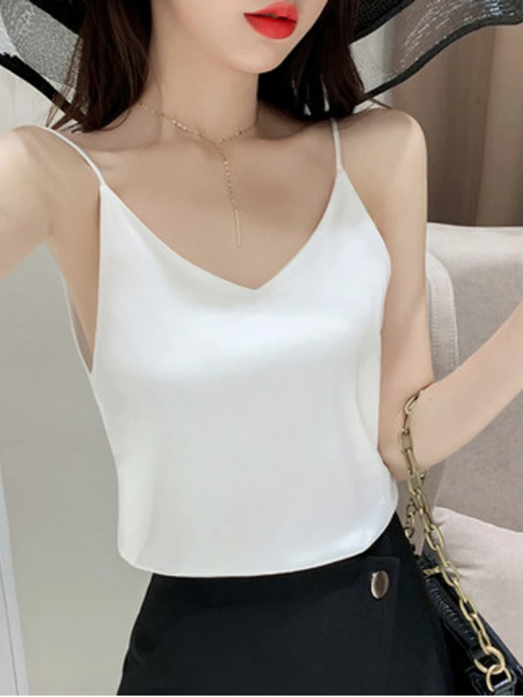 

2020 Summer Solid Sleeveless Crop Casual Camis Tank Tops Ladies V-Neck Female Vest Women Imitation Silk Blouses