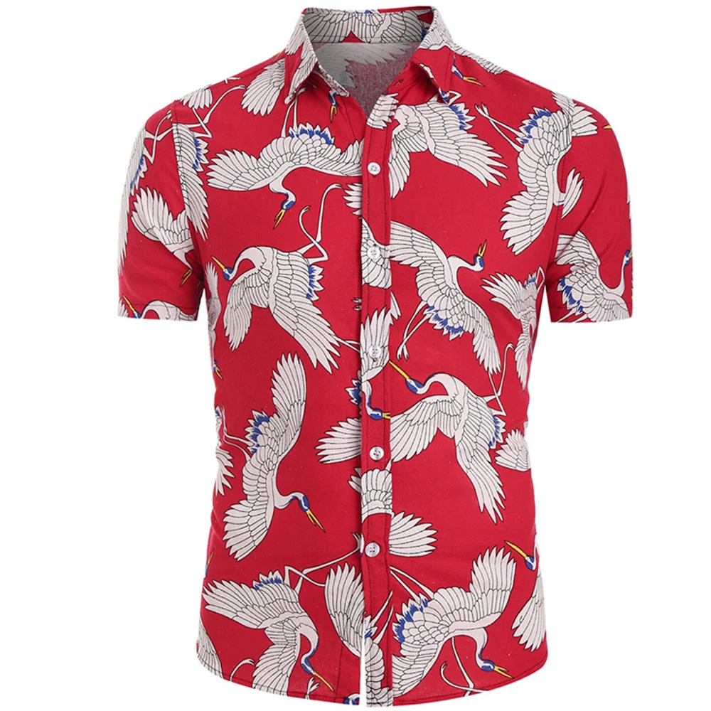 

Men's Short Sleeve Shirts Mens Casual White Crane Print Shirt Male Fitness Summer Cotton Breathable Beach Shirt