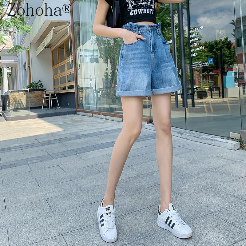 

Zohoha 2021 Summer New Denim Shorts Women's Thin Section High Waist Slimming Pants Loose Wide-leg Knee Length Female Pants