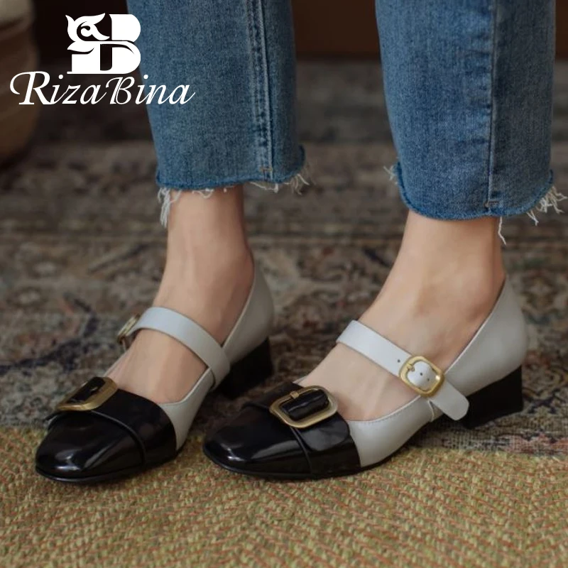 

RIZABINA New Women Flat Shoes Metal Buck Shine Women Shoes Fashion Classic Party Shoes Vacation Women Footwear Size 34-43