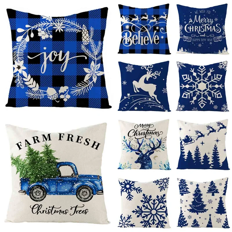 

45x45cm Blue Christmas Decorative Pillowcases Christmas Tree Elk Snowflake Pattern Cushion Cover Xmas Decor Throw Pillow Case